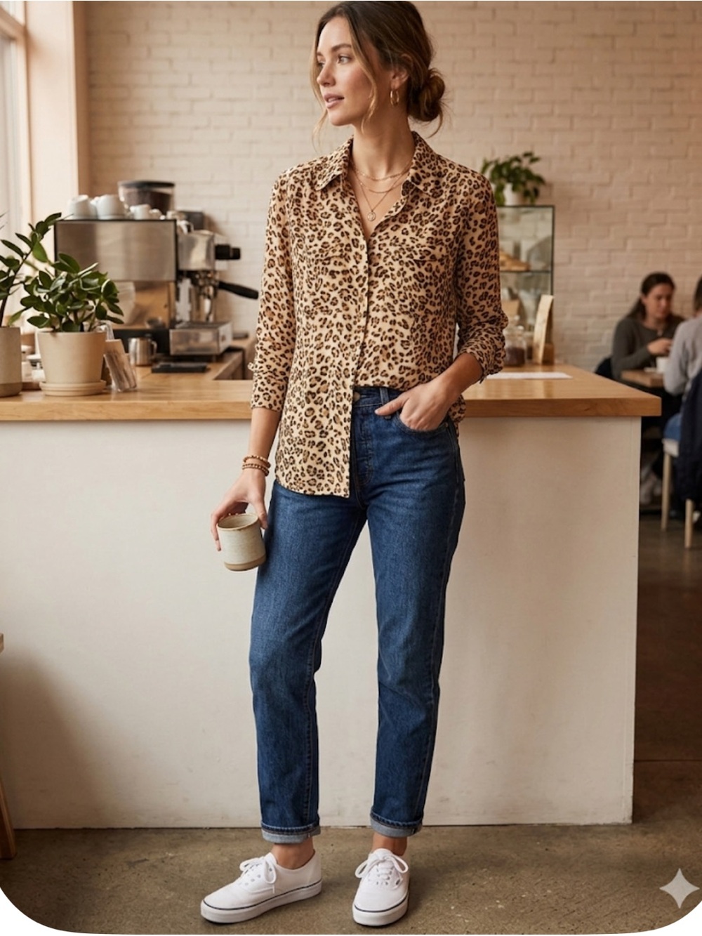 Guess Leopard Print Button-Down Shirt - Cream/Brown